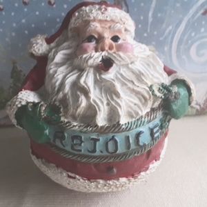 Set of 5 ornaments. Santa rejoice ornament & 4 elf with stack package ornaments.